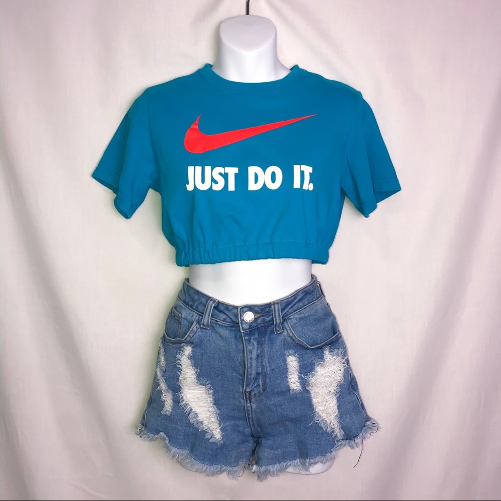 Reworked Blue Nike Elastic Crop Tee YM/Adult XS